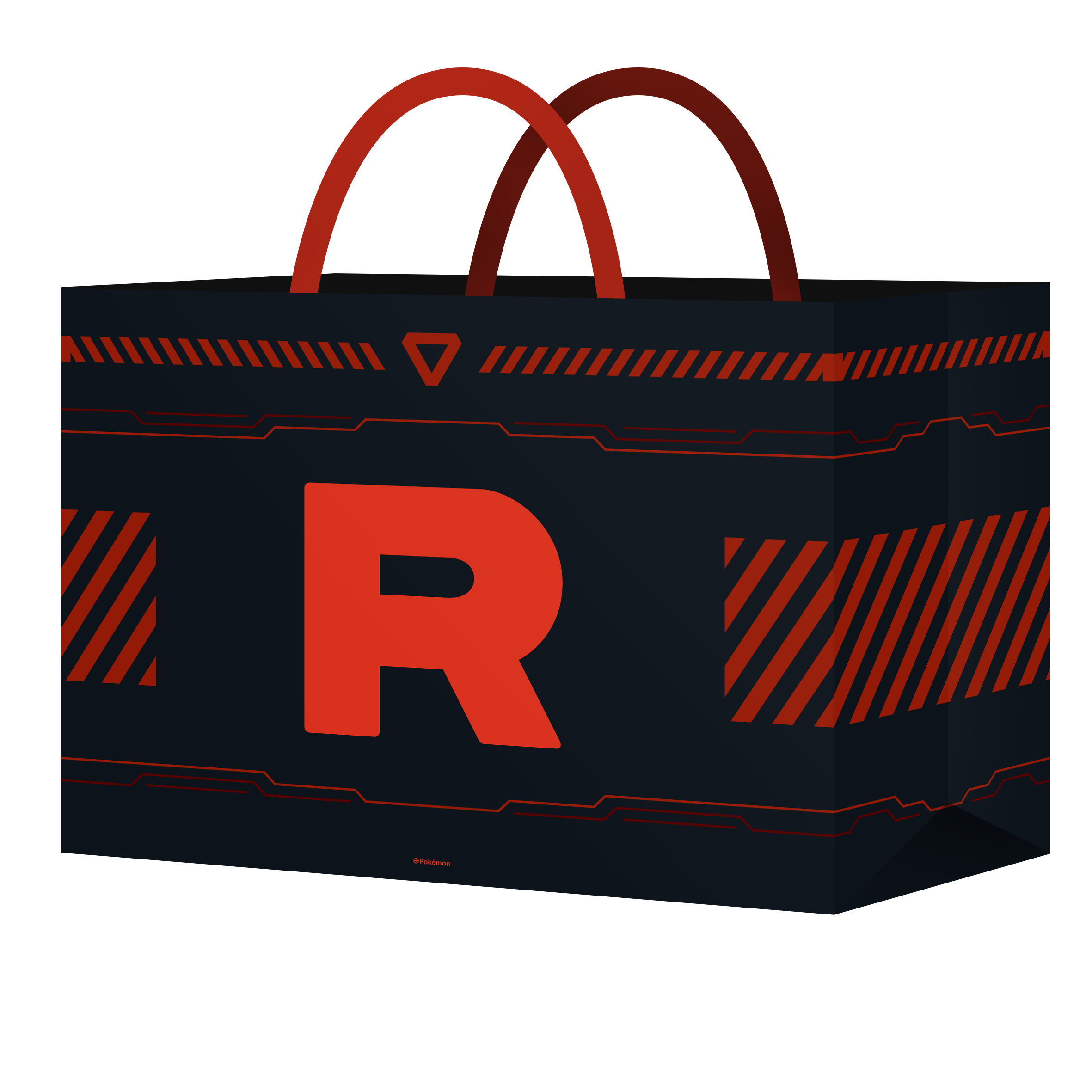 Black Team Rocket themed shopping bag with a large red R logo and red handles.