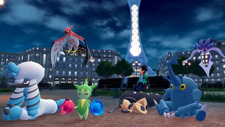 Pokémon Legends Z-A Lumiose City with various Pokémon and trainer