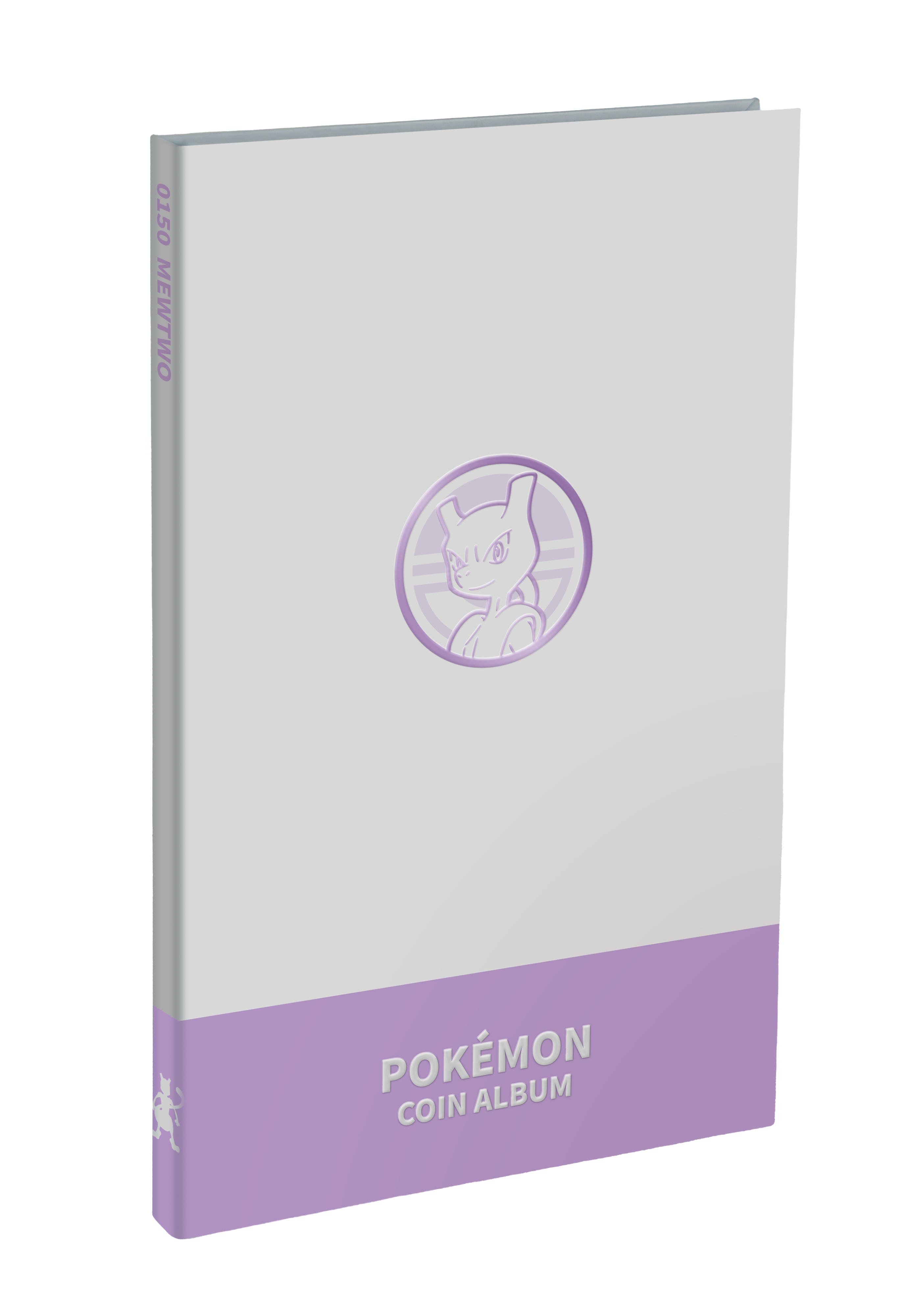 Mewtwo-themed Pokemon coin album for Chasing Glory Together with a white and lavender cover.