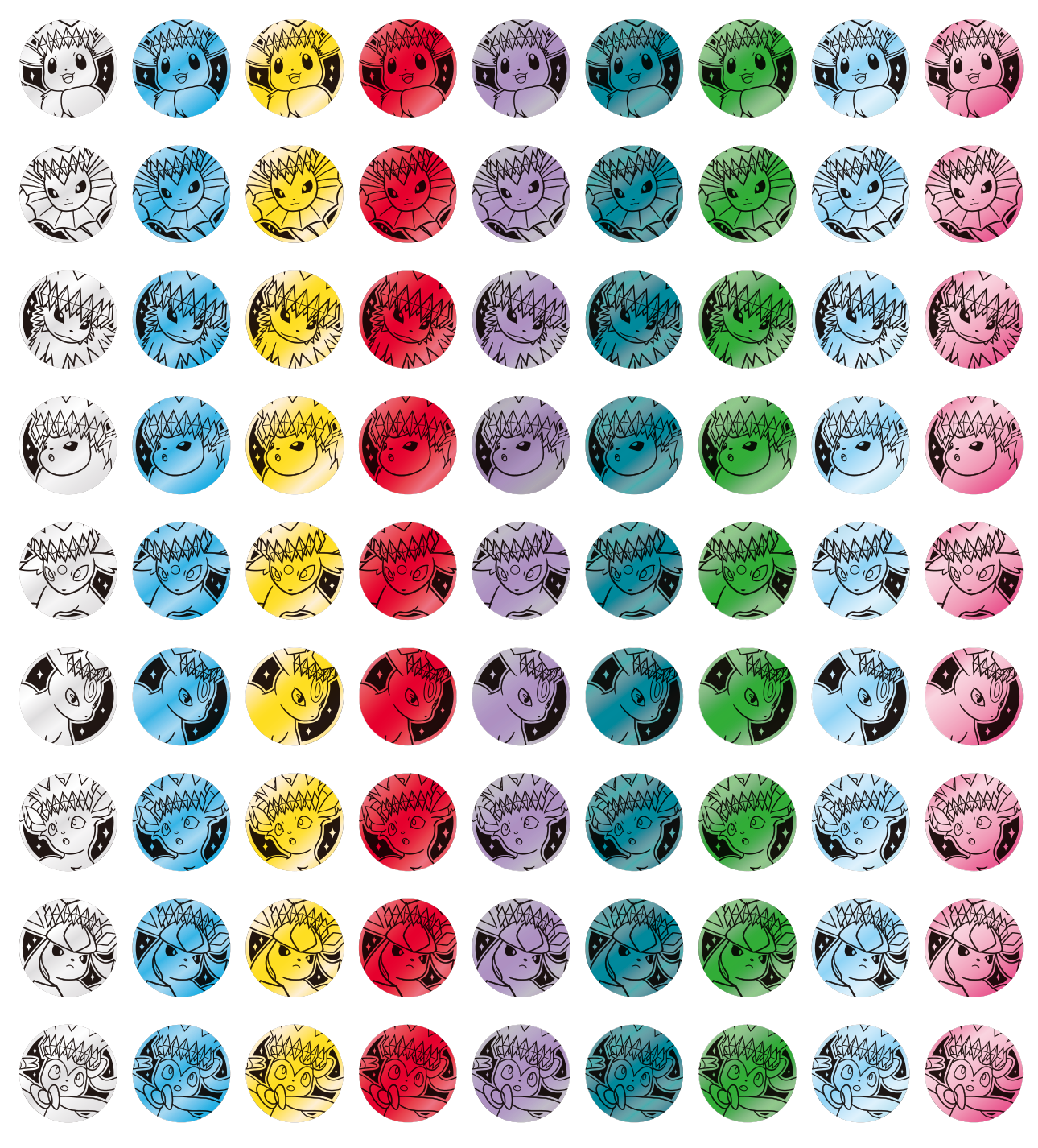 Tiled grid of dozens of Eevee badge designs across the full color spectrum, showing the breadth of the 81-design pool.
