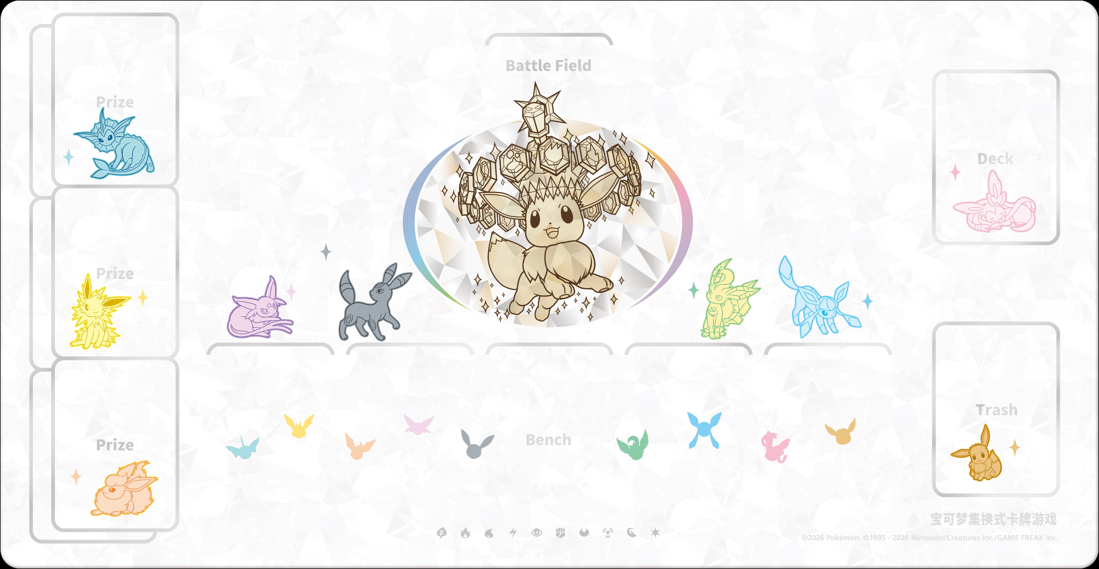 Themed battle playmat showing Eevee at the center surrounded by line-art silhouettes of the eight Eeveelutions arranged around battle field, prize, deck, and trash zones.