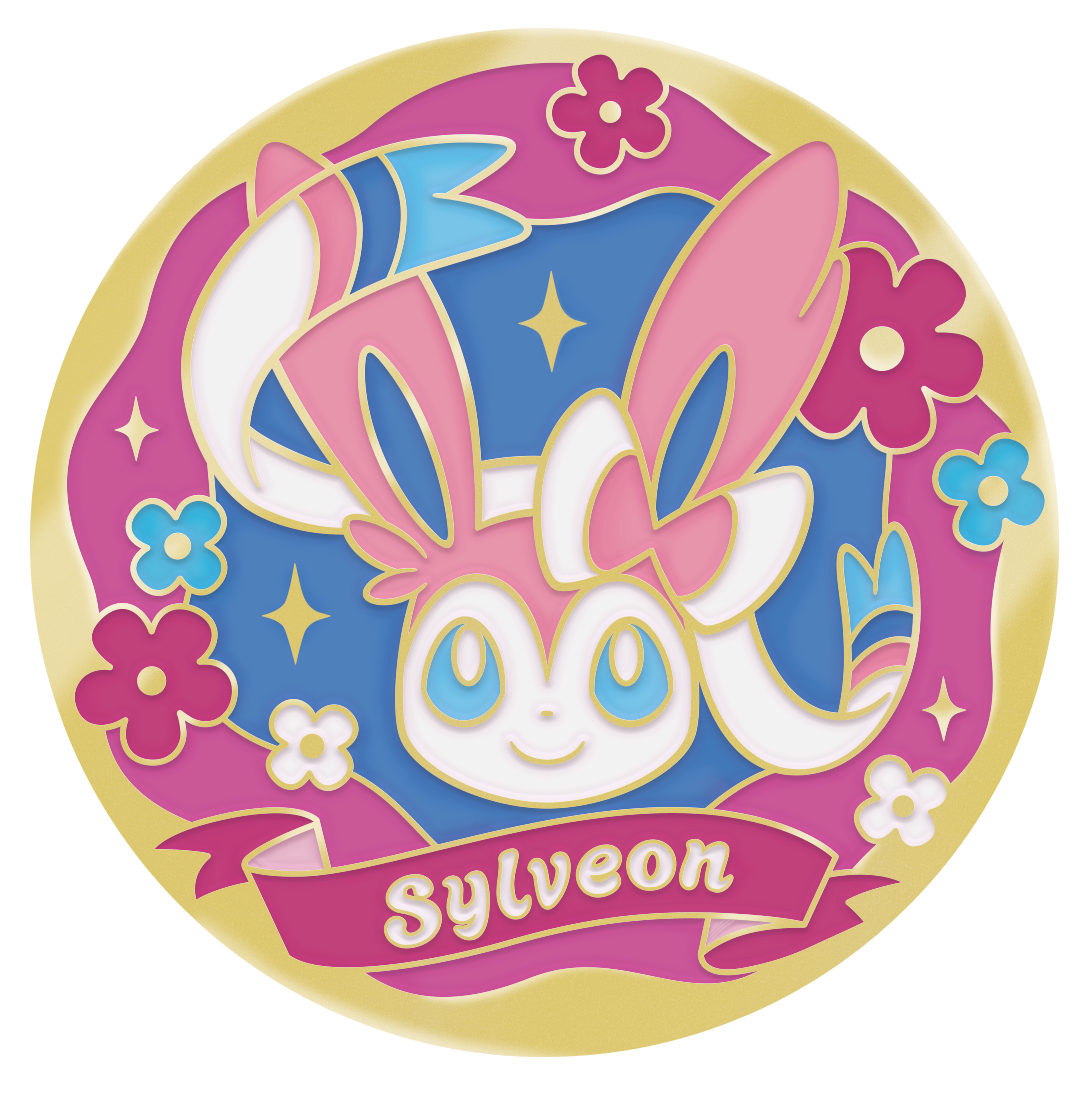 Sylveon-themed metal magnetic sticker with pink floral border, ribbon banner reading 'Sylveon', and a sparkling sky-blue background.