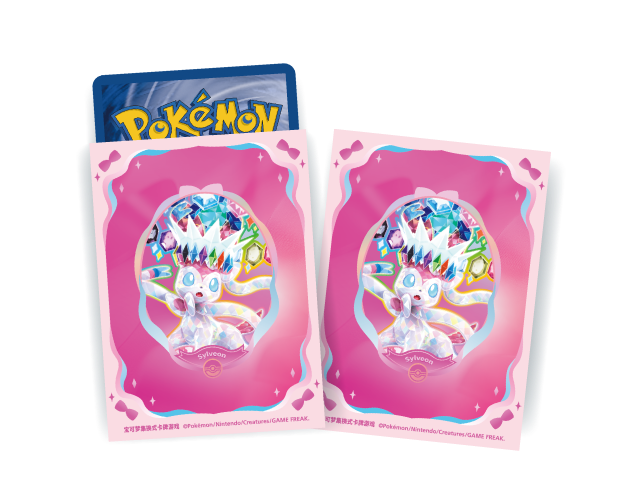 Sylveon-themed art card sleeves shown front and back, matching the pink crystal-bouquet box art.