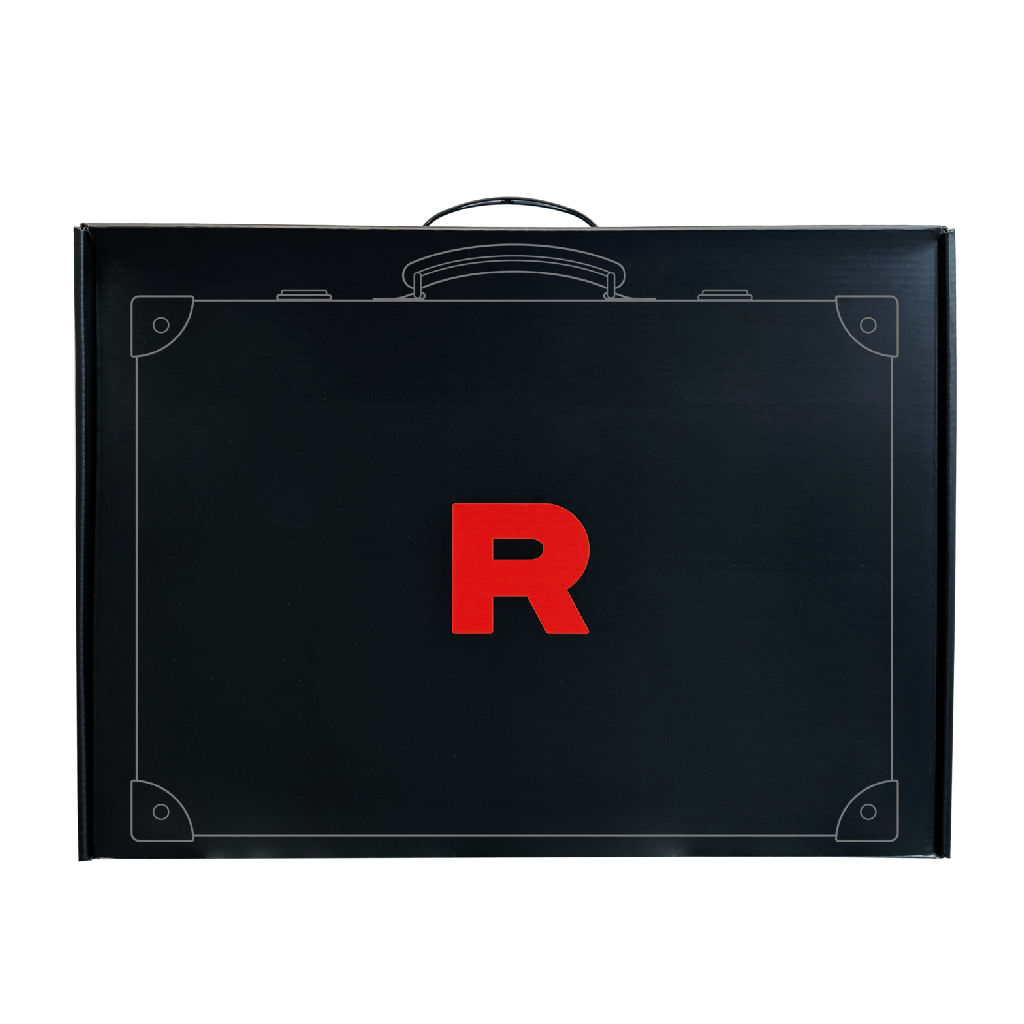 Team Rocket Grand Scheme premium briefcase exterior showing the black faux-leather finish with a bold red R logo centered on the lid and metal corner protectors.