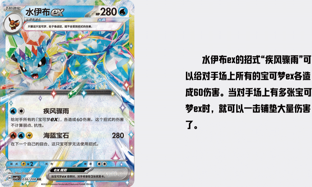 Vaporeon ex card 036/208 from 太晶盛聚 with 疾风骤雨 (Swift Storm) attack highlighted and description in Chinese