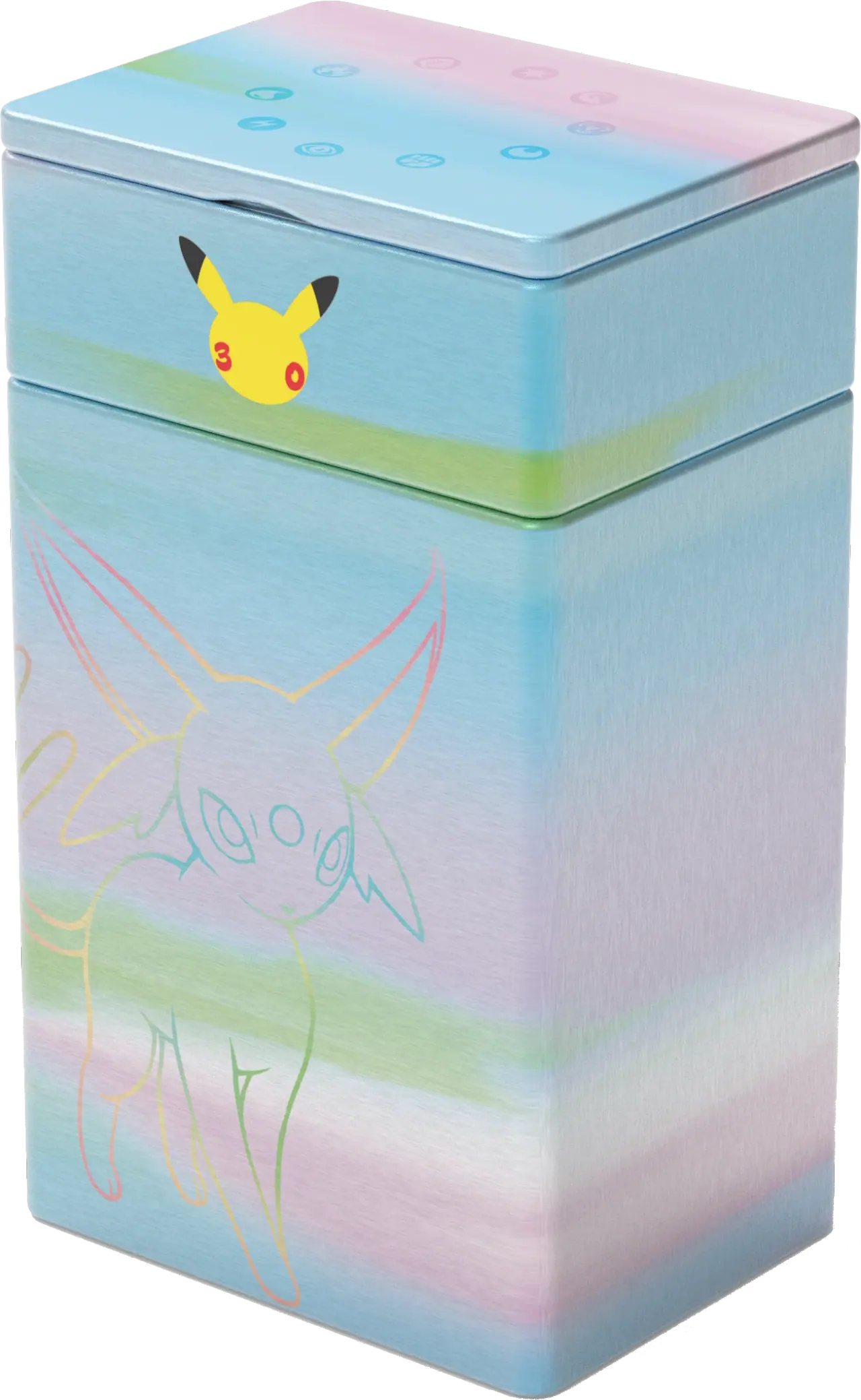 Pastel blue and pink Espeon metal deck box with the Pokémon 30th-anniversary Pikachu emblem.
