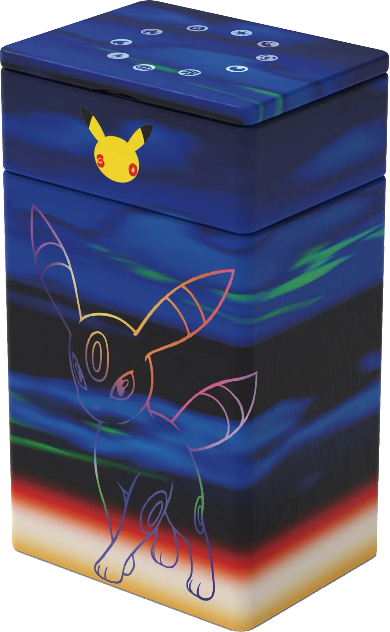 Dark blue Umbreon metal deck box with colorful light streaks and the Pokémon 30th-anniversary emblem.