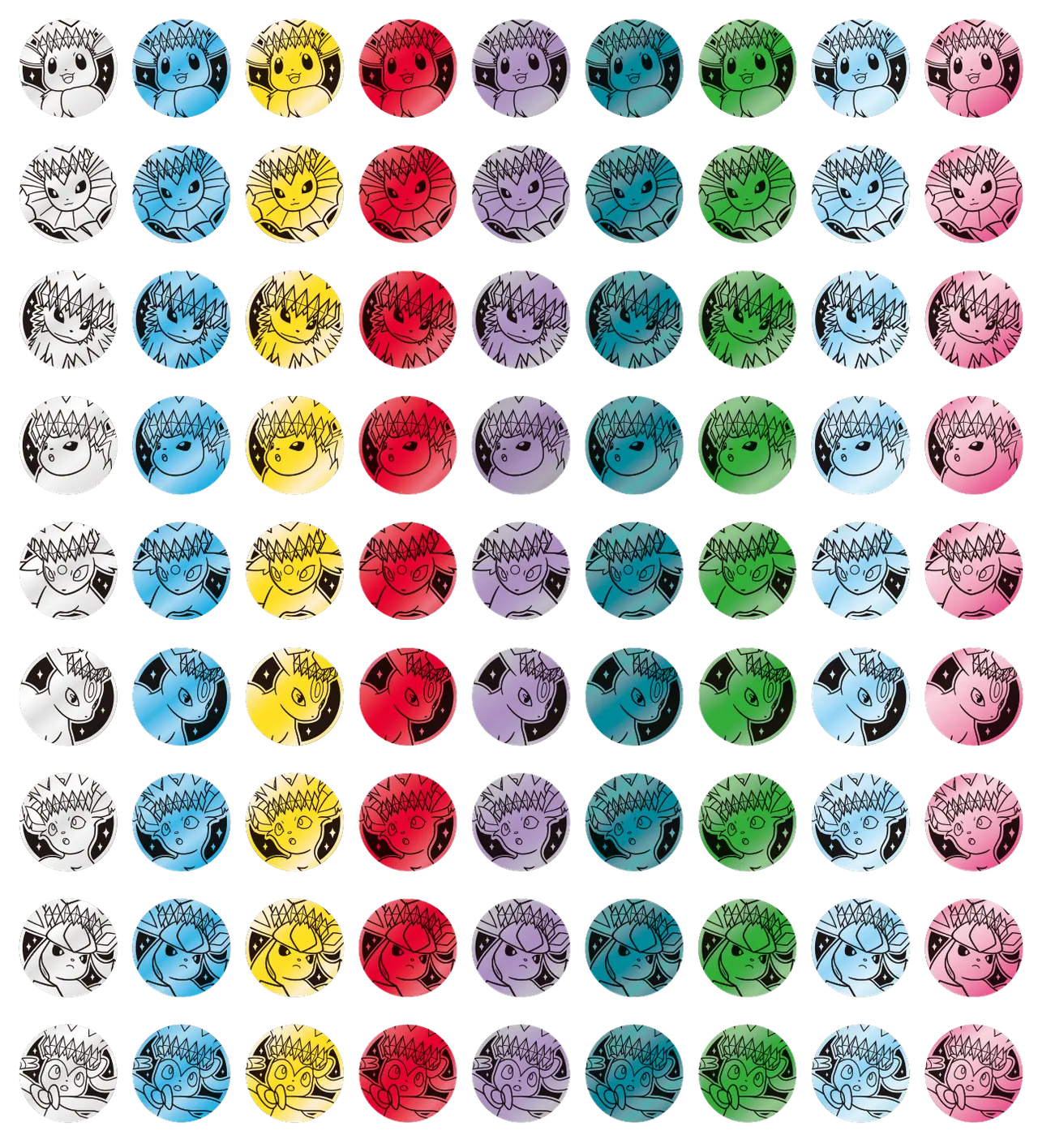Tiled grid of dozens of Eevee badge designs across the full color spectrum, showing the breadth of the 81-design pool.