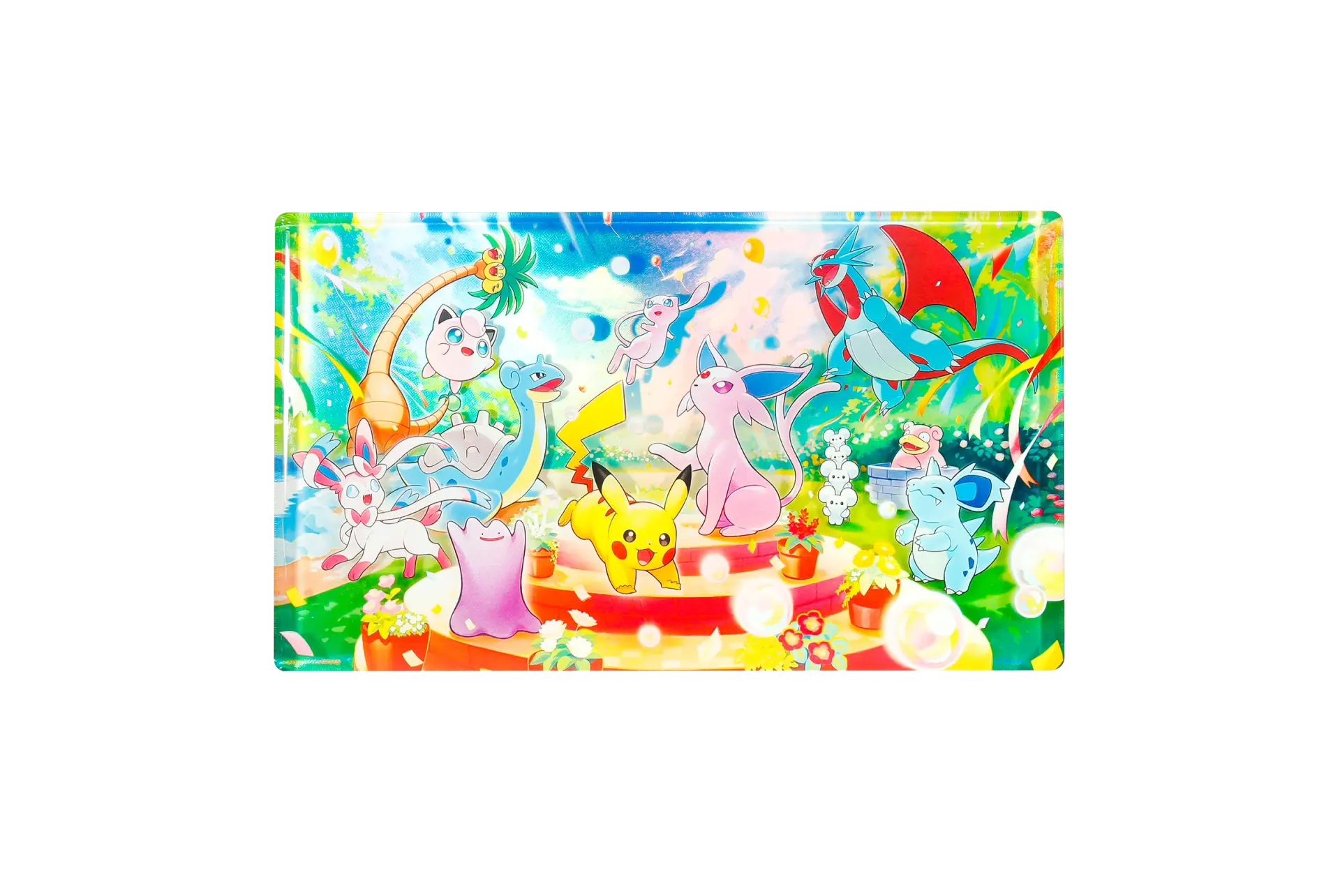 Daytime celebration layered magnet featuring Espeon, Pikachu, and other Pokémon.
