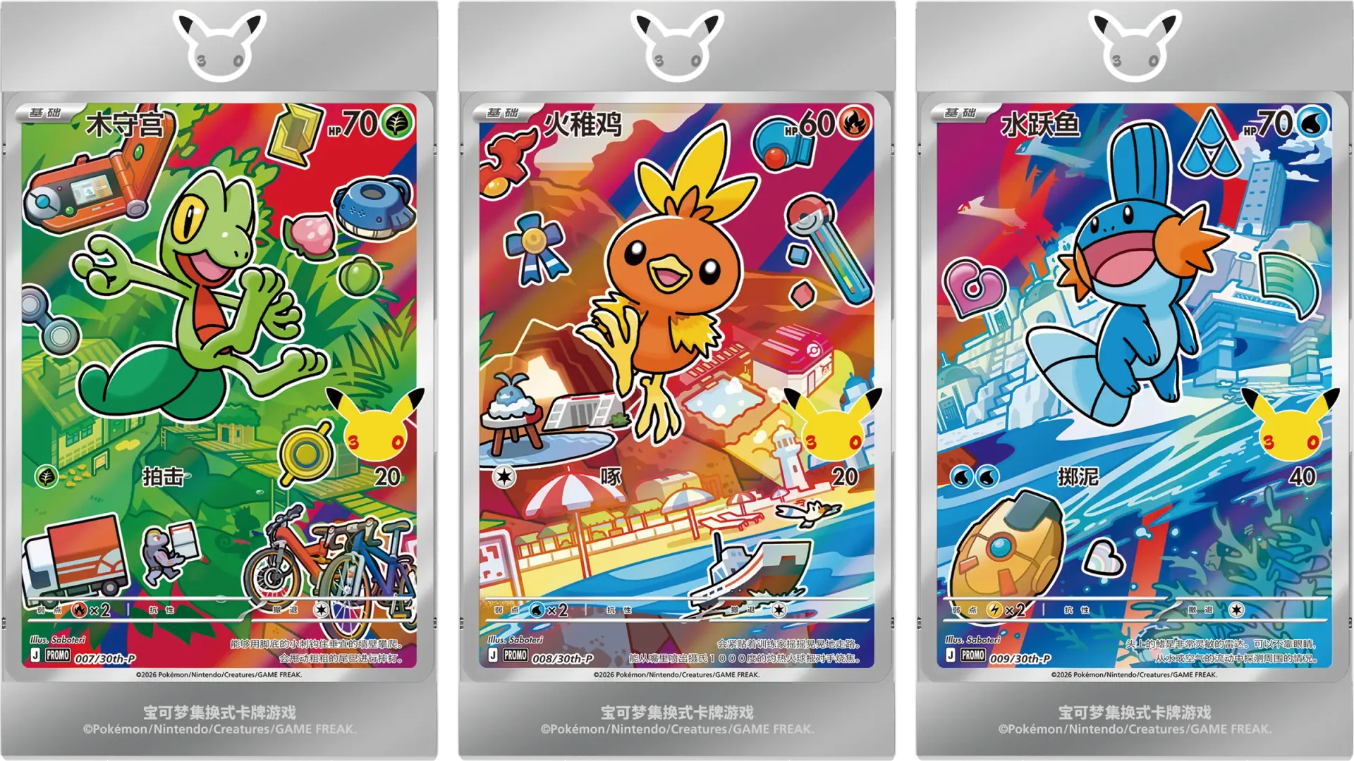 3つの連結した Vol.3 磁気フレームに飾られたキモリ、アチャモ、ミズゴロウ。