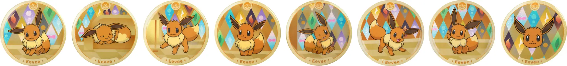Eight golden Eevee badges arranged in a row, each showing a different Eevee illustration on a holographic background.