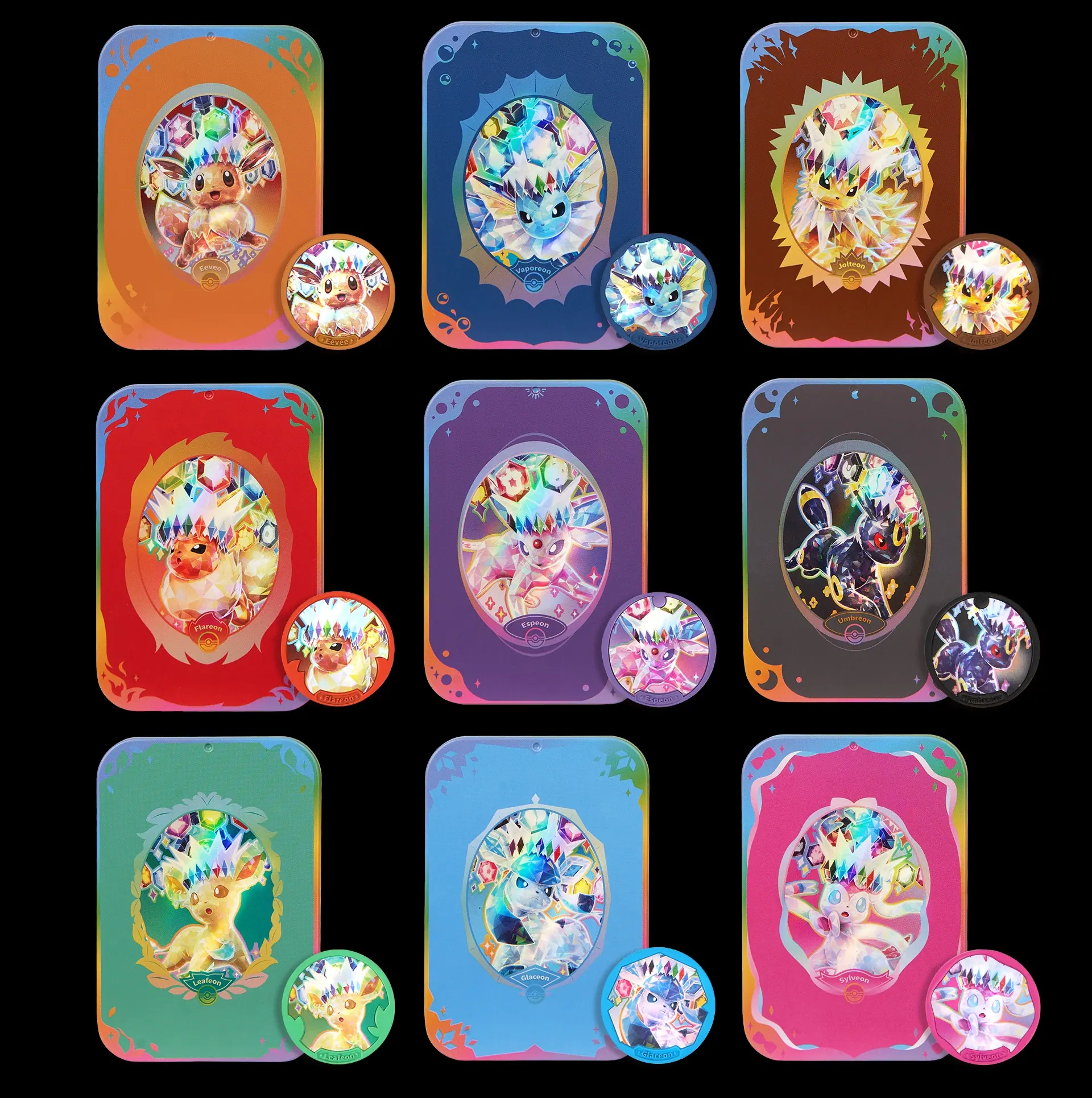 Display strip showing all nine Eevee Collection Gift Box variants with distinct color palettes for each Eeveelution.