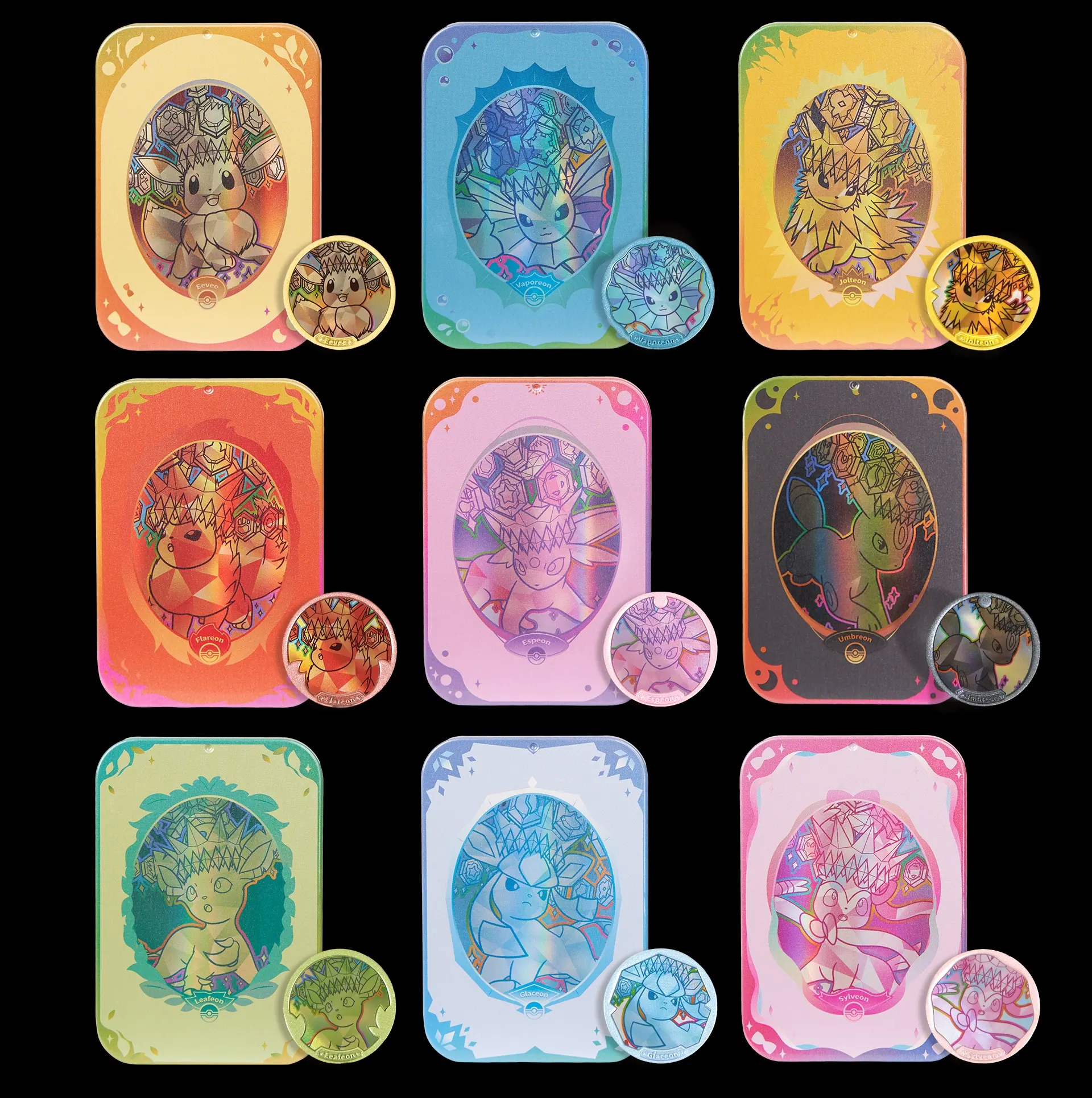 Alternate display of the nine Collection Gift Box variants in lighter pastel framing, showing the standard-rarity art card finishes.