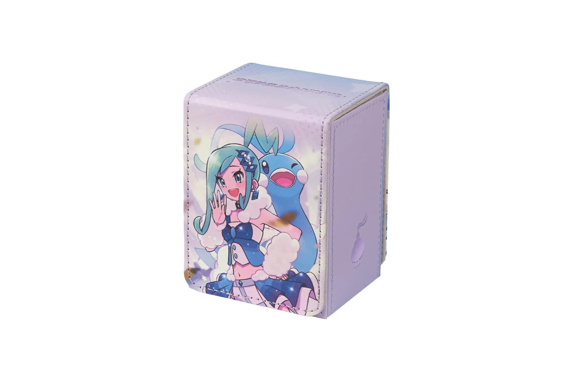 Lavender Lisia and Altaria themed deck box shown from the front and side.