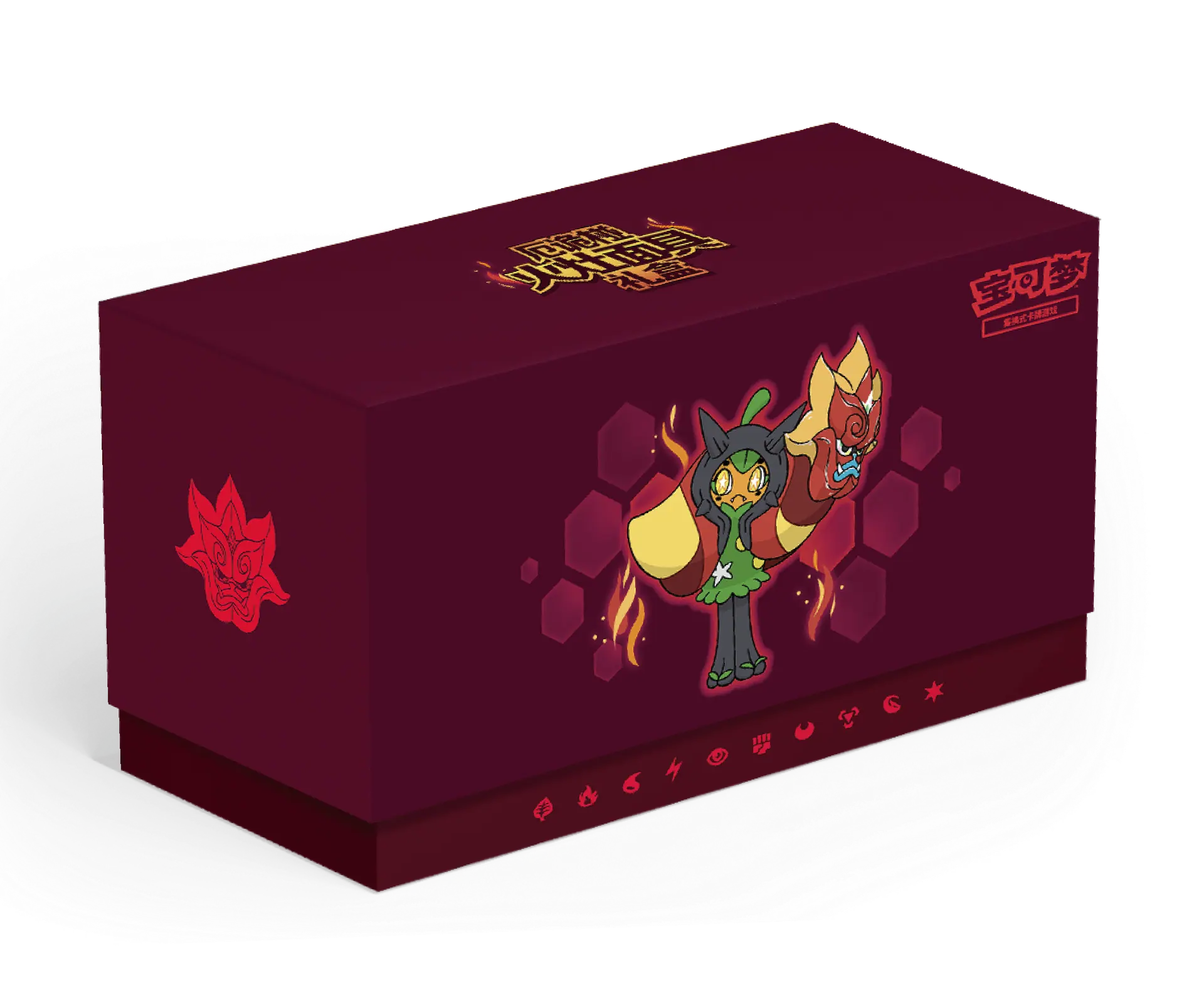 Gift box temática Ogerpon Máscara Lareira com design carmesim escuro apresentando Ogerpon tipo Fogo.
