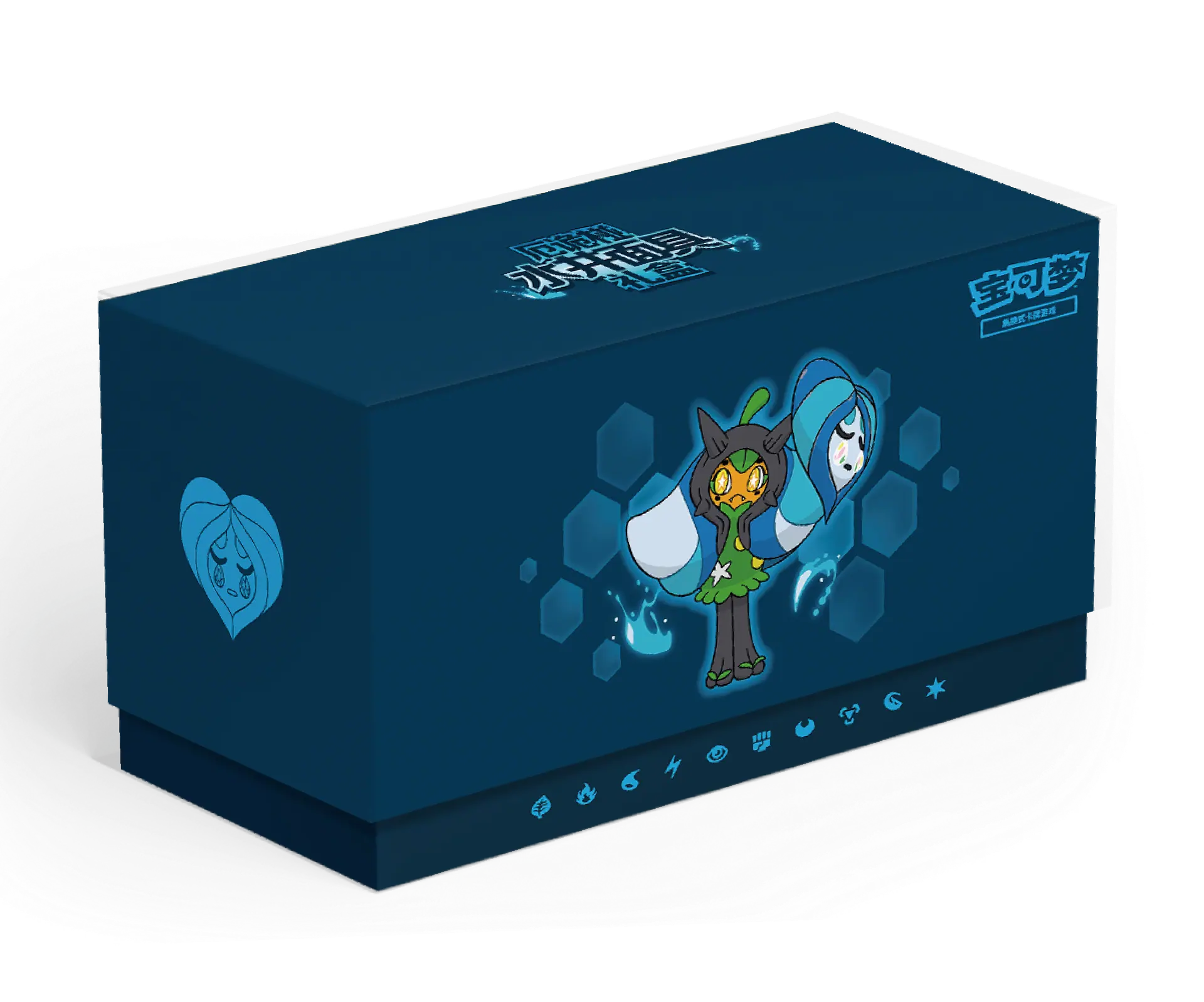 Gift box temática Ogerpon Máscara Nascente com design azul profundo apresentando Ogerpon tipo Água.