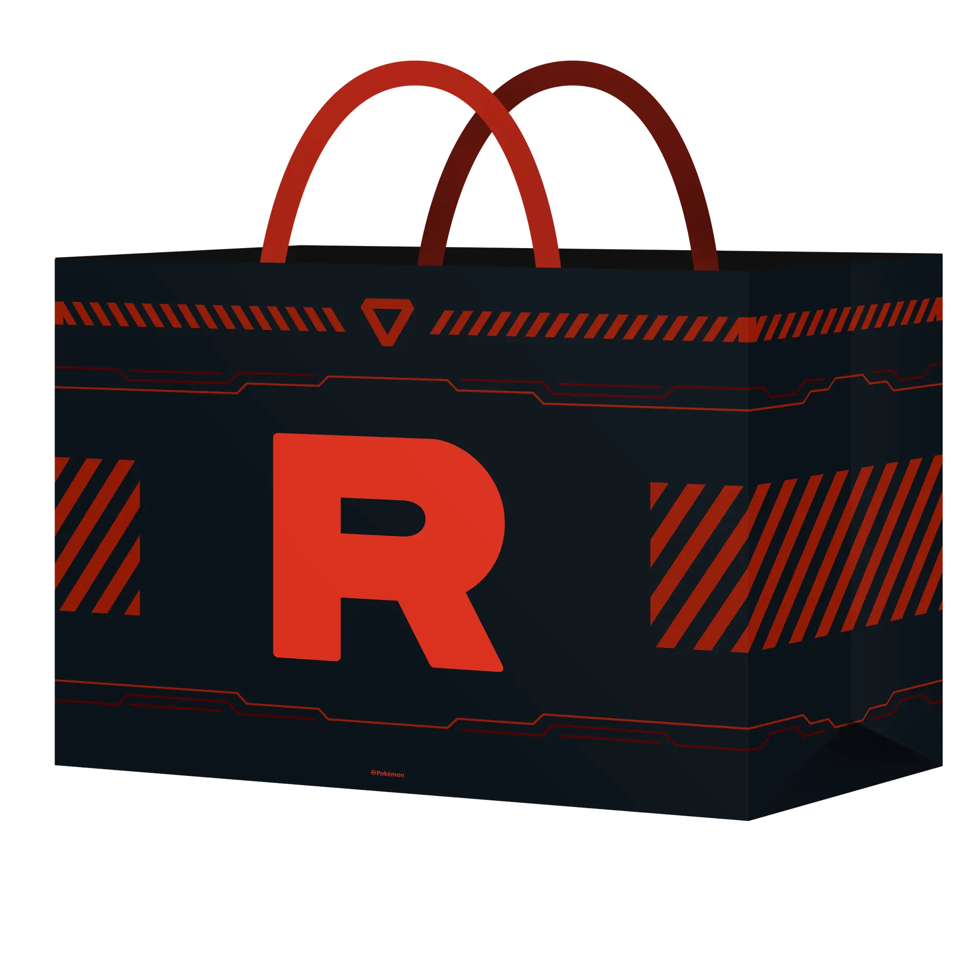 Black Team Rocket themed shopping bag with a large red R logo and red handles.