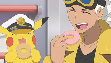 Friede と Captain Pikachu がドーナツを手にしている Pokemon Horizons Season 2 Part 4 の場面写真。