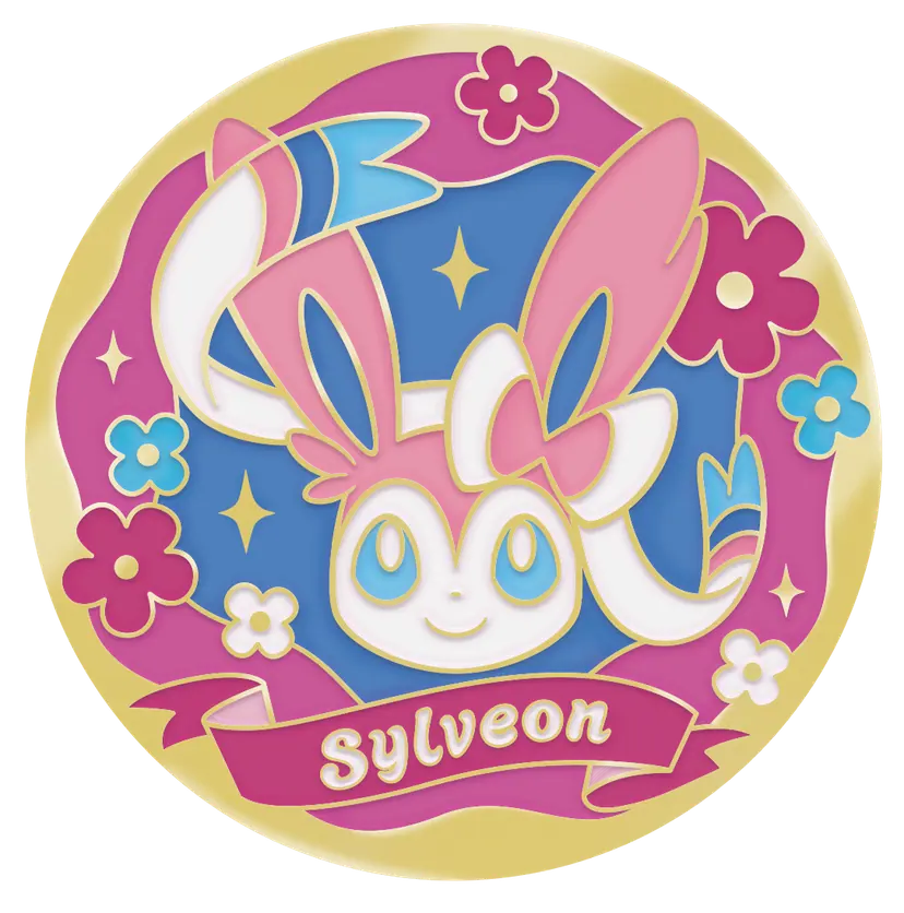 ニンフィアをモチーフにしたメタル製マグネットステッカー。ピンクのフラワーフレームに「Sylveon」のリボン、空色の輝く背景。