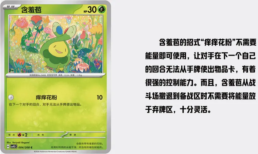 Smoliv card 004/208 from 太晶盛聚 showing the 癢癢花粉 (Itchy Pollen) attack and its item-lock effect explained in Chinese